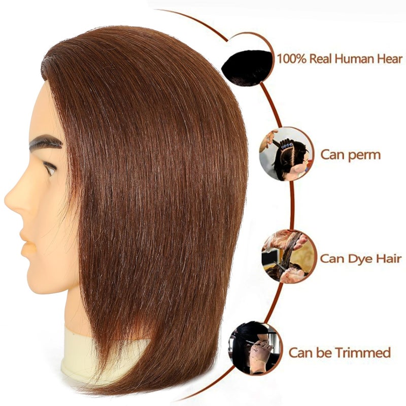 simnient Male mannequin Head 12"Barber Training Head with 100% Real Human Hair,Hairdresser training Doll manikin Head for Practicing Haircut Hair Styling With Clamp Stand - Image 2